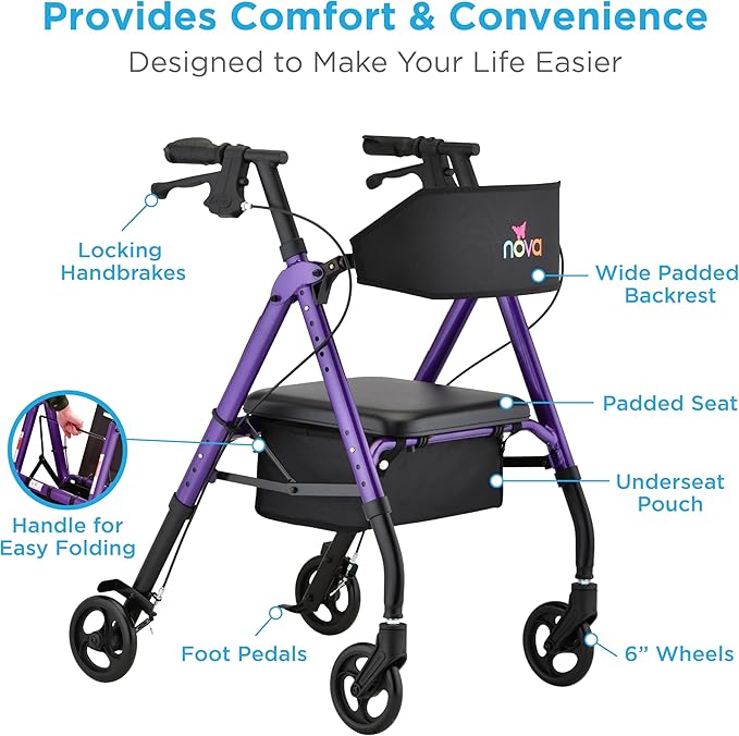 NOVA Star 6 Foldable Rollator Walker for Seniors, Wide Padded Backrest with Seat, 6” All-Terrain Wheels, Easy-Grip Locking Hand Brakes, Height Adjustable, Purple