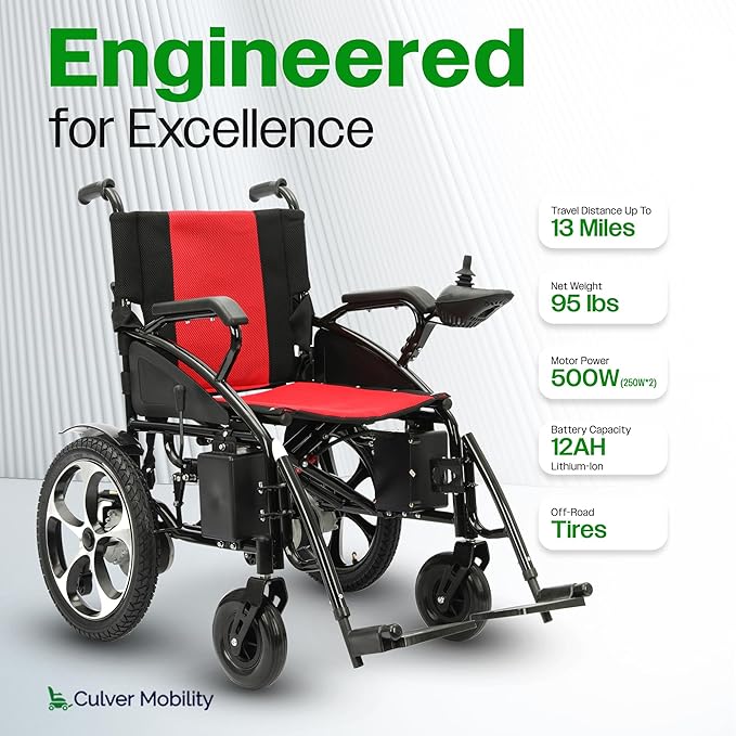 Culver Artemis All Terrain Electric Wheelchair Heavy Duty, 2xMotor Foldable Electric Wheelchairs for Adults, Power Wheelchair, Silla de Ruedas para Adultos Electrica, Wheelchairs for Seniors — Red