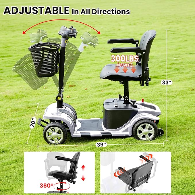 Mobility Scooters for Seniors, Light Weight Mobility Scooters for Adults, Foldable Powered Mobility Scooter, Compact Folding Electric Mobility Scooter, LED Lights, Adjustable Seat, 3~6.5 KM/H (SLIVER)