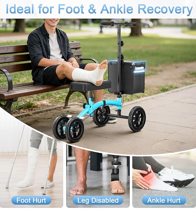 HOMLAND Knee Scooter Walker for Adults Foot Injuries Ankle Surgery, Foldable Steerable Leg Scooters with Dual Handbrake, Height Adjustable Handle & Knee Pad, Removable Storage Bag, 300 lbs Capacity