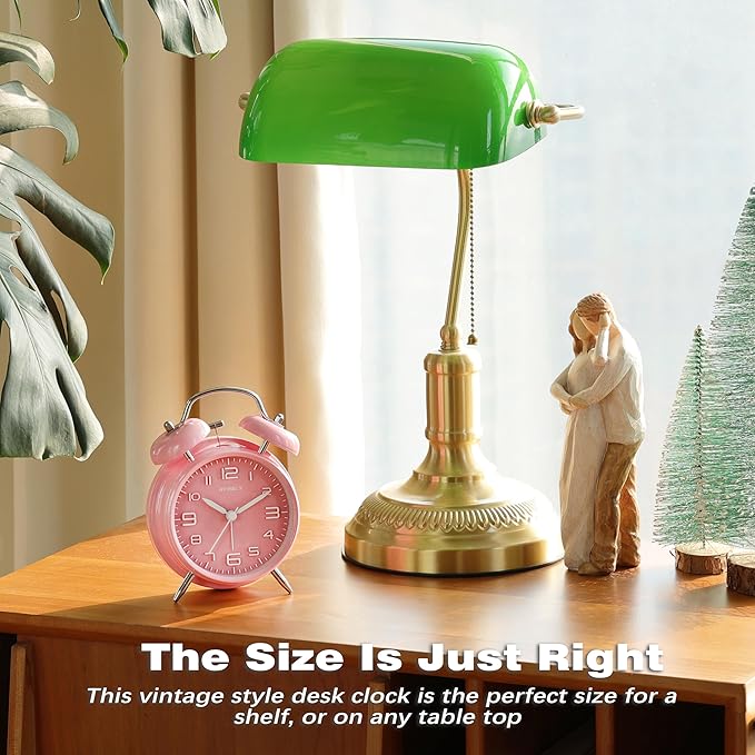 AYRELY® Super Loud Twin Bell Alarm Clock for Heavy Sleepers Adults, 4-Inch Retro Silent Non-Ticking with Night-Light, 3D Raised Number Dial, Battery Operated for Bedroom Bedside (3D Dial – Pink)