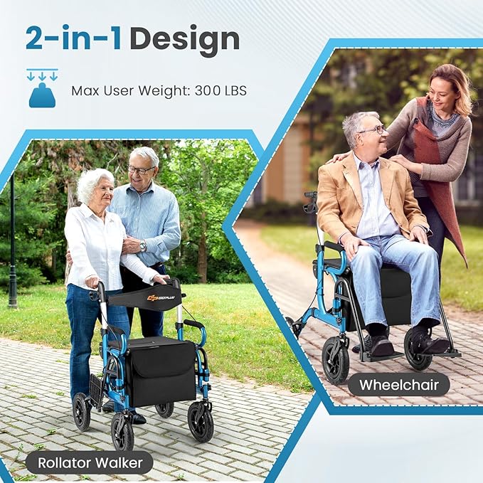 Goplus Walkers for Seniors with Seat, 2 in 1 Folding Rolling Rollator Walker & Wheelchair Combo with Brakes, 9" Pneumatic Tires for All Terrain, Aluminum Adult Mobility Walking Aid