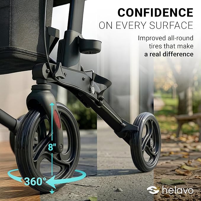 Helavo Foldable Rollator with Seat – 360° Swivel 8" Wheels, 24.8" Wide - Lightweight Aluminum Rolling Walker for Seniors and Adults with Adjustable Height