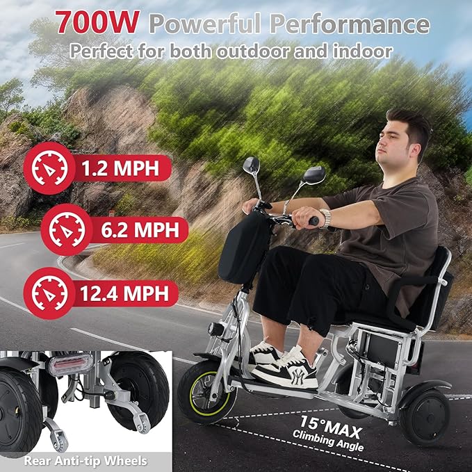 3-Wheel Folding Mobility Scooter Foldable Lightweight Electric Scooter for Adults & Seniors, Detachable Lithium Battery, Long Range 28 Miles, 3-Speed, with Rearview Mirror & Turn Signal (Silver)