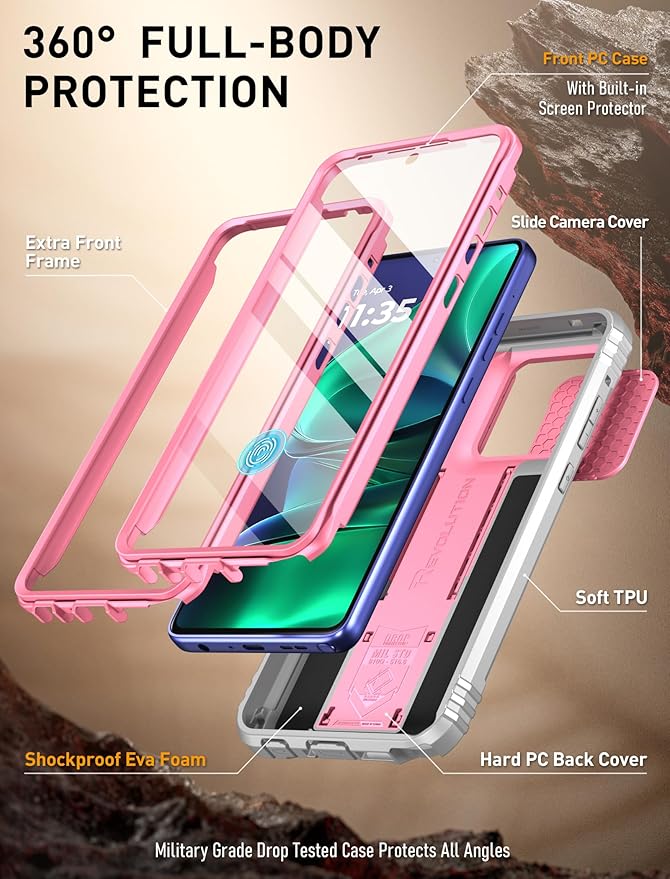 Poetic Revolution Case for Motorola Moto G Stylus 5G 2025, [Slide Camera Cover] [Screen Protector Works with Fingerprint ID] Military Grade Rugged Shockproof Phone Case with Built in Kickstand, Pink