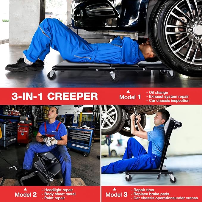 Mechanic Creeper 36 inches 3-in-1 Mode Z Seat 340lbs Capacity, Foldable Garage Adjustable Rolling Folding with 6pcs Wheels Roller, Lay Down Sit Lean Back, Under Car Auto Repair, Black, Man Gift