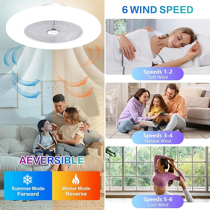 24" RGB Low Profile Ceiling Fan with Main Light, Bladeless Flush Mount Ceiling Fan with APP/Voice/Remote Control, Quiet 6-Speed Reversible DC Motor, Dimmable LED, White