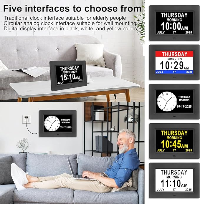 7-Inch Digital Alarm Clock. Displays Time,Day and Month.Features 12 Alarm Settings and 3 Display Modes.Suitable for Elderly Individuals,Those with Memory Impairment or Dementia.Black.