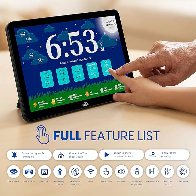 Masjidal 14-Inch Smart WiFi Digital Azan Clock Islamic Prayer Frame Touchscreen Black