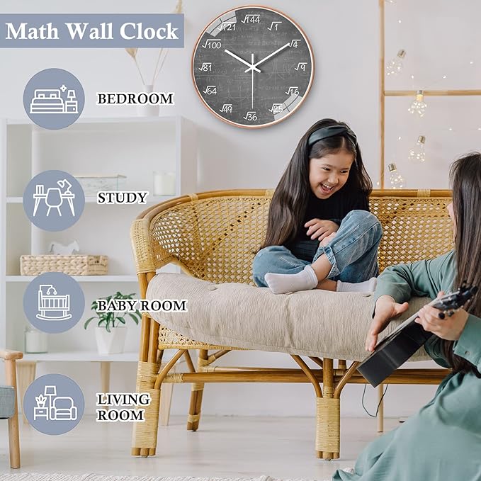 QINFIEY 10 Inch Math Wall Clock Silent Non Ticking Movement Quality Quartz Wall Clock for Office Classroom/School/Home/Kitchen/Living Room Wall Decorations (Grey)