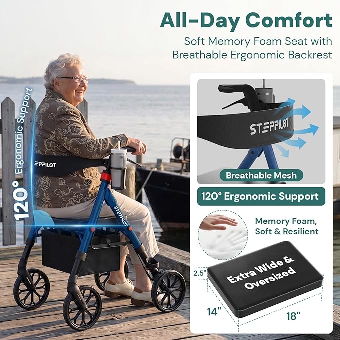Bariatric Rollator Walker with Seat for Seniors, 500lb Capacity Aluminum Frame, Zero Wobble, 16lb Lightweight, 8" All Terrain Wheels, 10-Level Adjustable Handle/Seat, Cup Holder, Cane Clip