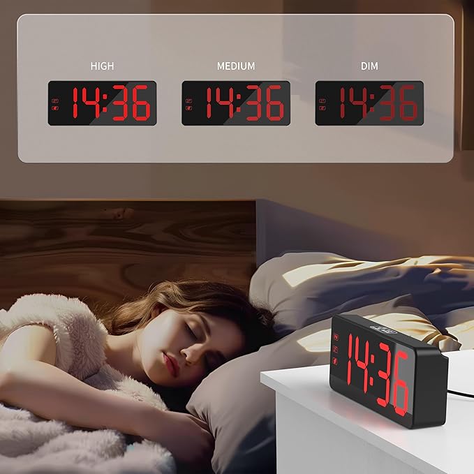 KWANWA Digital Alarm Clock with Backup Battery & 59" UL-Certified Charger - 3-Level Dimmer, Auto Night Mode, 2.4" Bold LED Display, Upgraded Buttons, Clock for Bedroom/Travel/Camping
