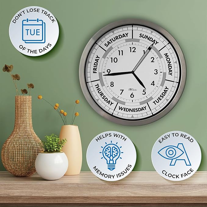 Time & Day of The Week Wall Clock with 12” Modern Aluminum Frame – – Ideal Retirement Gift for Men and Women, Day Clock for Seniors and Retirees