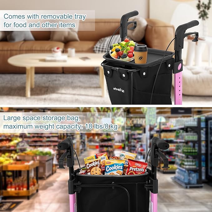 3 Wheel Walkers for Seniors, Foldable Rollator Walker with Tray & Large Storage Bag, 10" Big Wheel for All Terrain, 350 lb Weight Capacity, Pink