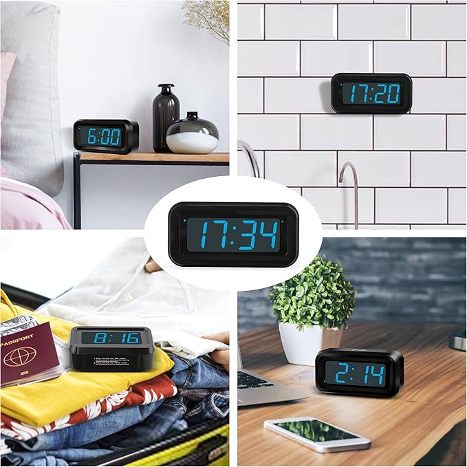 KWANWA Alarm Clock, Digital Clock, Constantly 1.2'' LED Blue Digits Display, Battery Powered, Snooze, Small Wall Clock, Desk Clock, Clock for Bedroom, Alarm Clock for Heavy Sleepers