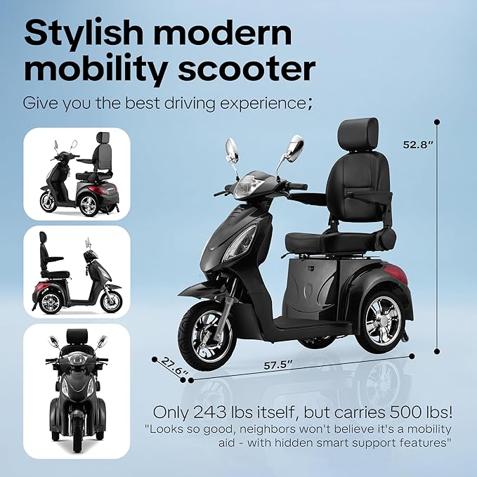 Super Large Electric 3 Wheel Mobility Scooters, 800W Wheelchair Device, 500 LBS Capacity Electric Wheelchair for Seniors & Adults, Speed Adjust, Remote Key, Receive Ready to Ride (Black)
