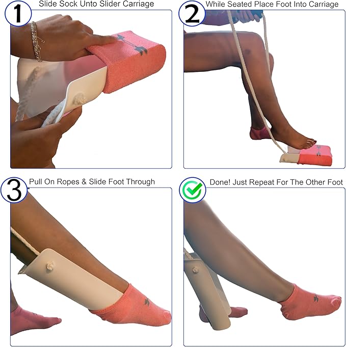 2 Sock Slider Aid Shoe Horn with Foam Handles and Adjustable 40" Cords - Easy On and Off Stocking- Ideal Mobility Aid for Elderly, Pregnancy, Post Surgery, & Limited Mobility Issues.
