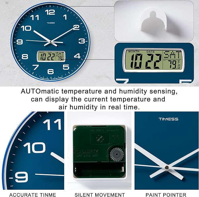 TIMESS Wall Clock, 14" Large Dial Non-Ticking Silent Battery Operated Analog with LCD Display for Perpetual Calendar and F° Temperature, Ideal Modern Home, Bedroom, Kitchen, Office Decor (Blue)