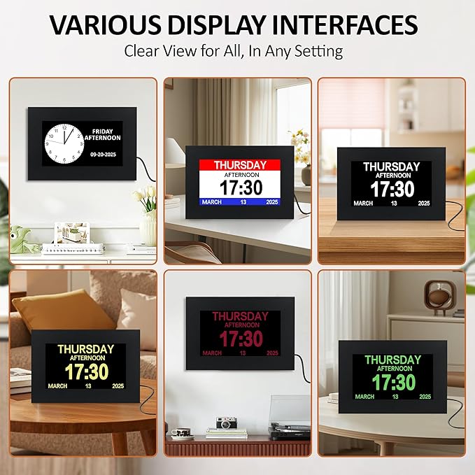 7" Digital Alarm Clock for Seniors, Dementia Clock with Day and Date for Elderly, Digital Calendar Day Clock with 20 Reminders & 20 Alarms, Auto-DST