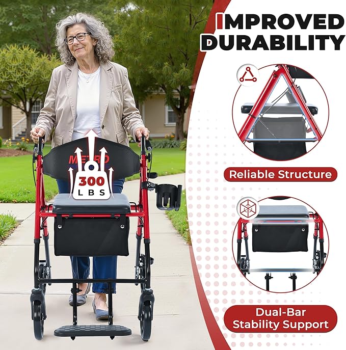 Metro Mobility 2 in 1 Rollator Walker & Transport Wheelchair, Foldable Lightweight Rollator Walker with Seat for Seniors, 8" Big Wheels for All Terrain, 300 lb. Weight Capacity, Red