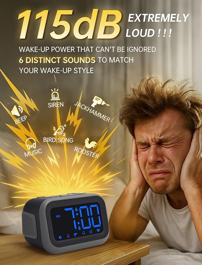 Acedeck Super Loud Alarm Clock: 115dB Dual Alarms and 6 Alarm Sounds for Heavy Sleepers - Adult Shift Workers in Bedroom or Daily Wake-Up Use - Blue Digits