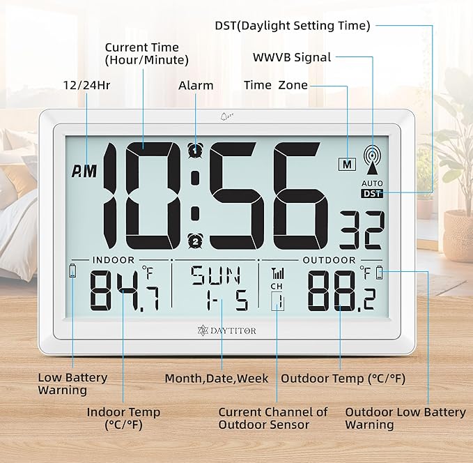 Atomic Clock Wall with Indoor/Outdoor Temp, Battery Operated Digital Wall Clock with 10.5" Large LCD Display, 330ft Range Desk Table Clock with Alarm, DST, Calendar for Living Room Bedroom, White