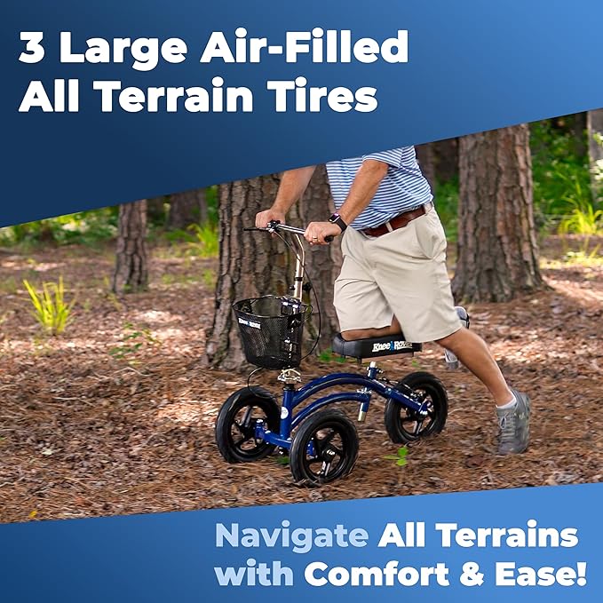 KneeRover Original Steerable All Terrain Knee Scooter – Heavy Duty Foldable Knee Walker & Mobility Aid for Adults with Adjustable Handlebar and Large Wheels (Blue)