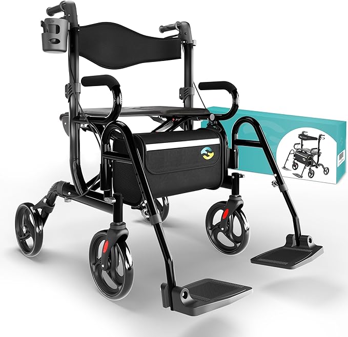 Helavo 2 in 1 Walker Wheelchair Combo - Foldable Aluminum Rollator with Footrests - Convertible to a Transport Chair, 300 lbs Load Capacity - Maximum Mobility in All Situations