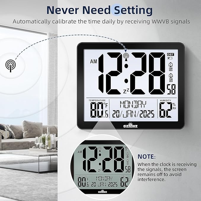 Atomic Digital Wall Clock Battery Operated with Backlight, Desk Clocks with Indoor Temperature & Humidity, 8.5" Small Alarm Clock with Date and Day of Week for Bedrooms, Living Room, Auto DST, Black