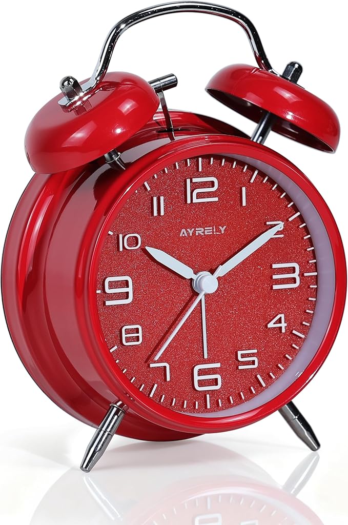 AYRELY® Super Loud Twin Bell Alarm Clock for Heavy Sleepers Adults, 4-Inch Retro Silent Non-Ticking with Night-Light, 3D Raised Number Dial, Battery Operated for Bedroom Bedside (3D Dial – Red)