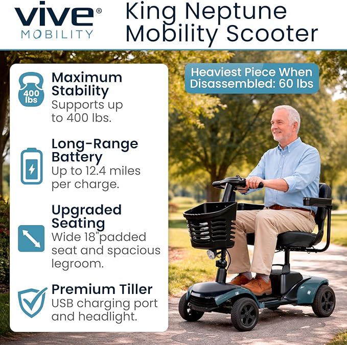 Vive Mobility Scooter for Adults - 4 Wheel Powered Electric Scooter w/Seat for Seniors - 400 lbs Capacity & Extended Range Battery w/Charger - Headlight, Basket & Extra Foot Space