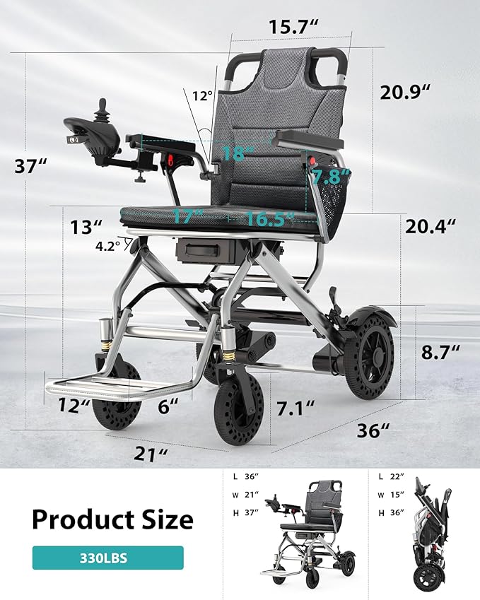 33 lb Lightweight Electric Wheelchairs for Adults - 15 Miles Portable Foldable Electric Wheelchair with Removable Battery & LED Light, 360W All Terrain Power Motorized Wheelchair, Airline Approved