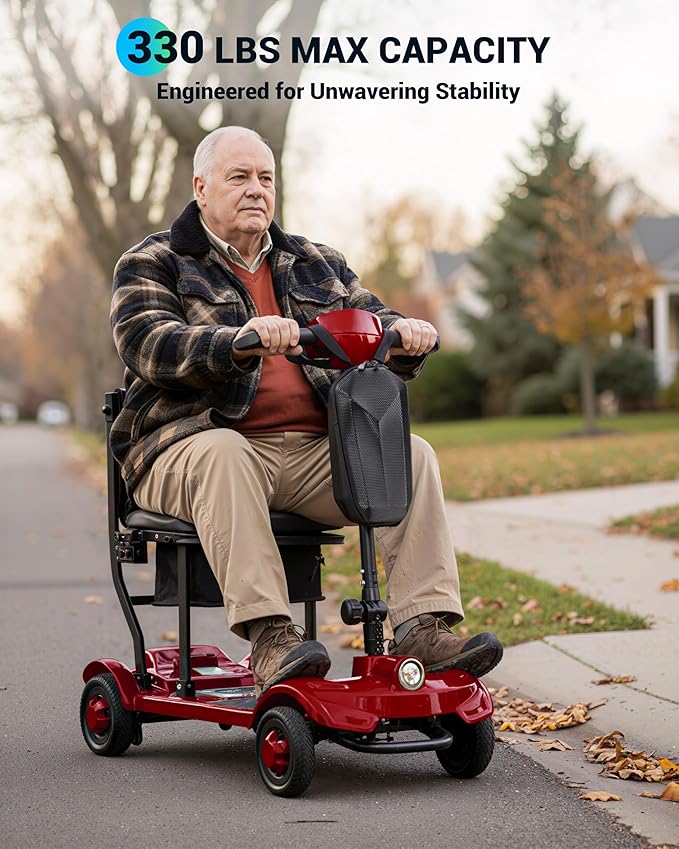 GoldSeason Airline & Cruise Approved Lightweight Mobility Scooter, Portable Foldable Electric Scooter for Seniors/Adults/Elderly/Handicap, 330 lbs Capacity, Compact Travel Scooter with Seat, Red