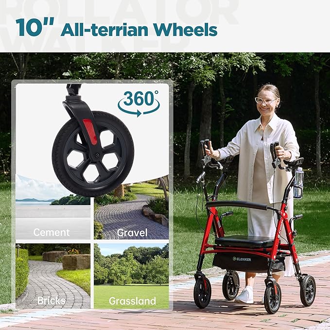 ELENKER All Terrain Heavy Duty Upright Walker with Extra Wide Seat, Foldable Aluminum Bariatric Stand Up Rolling Walker, 10” Wheels, Fully Adjustment Frame, Support up to 500 lbs for Seniors, Red