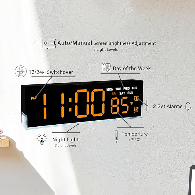 45MinST 7-Inch LED Digital Alarm Clock with Bottom Glow Light｜Displays Time, Date, Day, Temperature｜Dual Alarms, DST, Auto/Manual 3-Level Brightness, Battery or USB Powered Desk Clock,Orange
