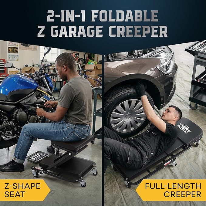 Creepers Automotive Mechanic Creeper Seat & Under Car Roller, 300lb Heavy Duty Foldable Garage Creeper with 360° Swivel Wheels, Magnetic Wristband, Low Profile Black Car Creeper for Mechanics