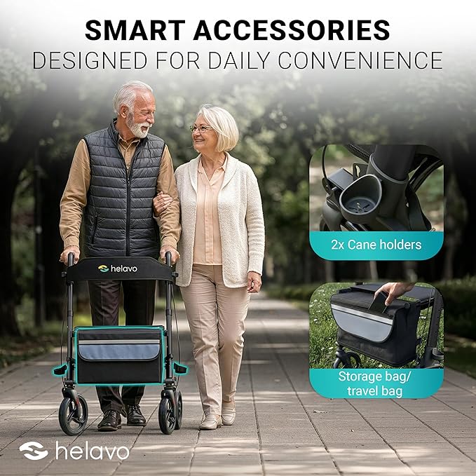 Helavo Foldable Rollator with Seat – 360° Swivel 8" Wheels, 24.8" Wide - Lightweight Aluminum Rolling Walker for Seniors and Adults with Adjustable Height