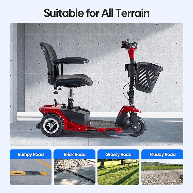 3 Wheel Mobility Scooters for Adults，Collapsible Electric Powered Wheelchair，Portable Compact Motorized Scooter for Travel，Long Range Power，Battery with Charger，Basket and Cup Holder
