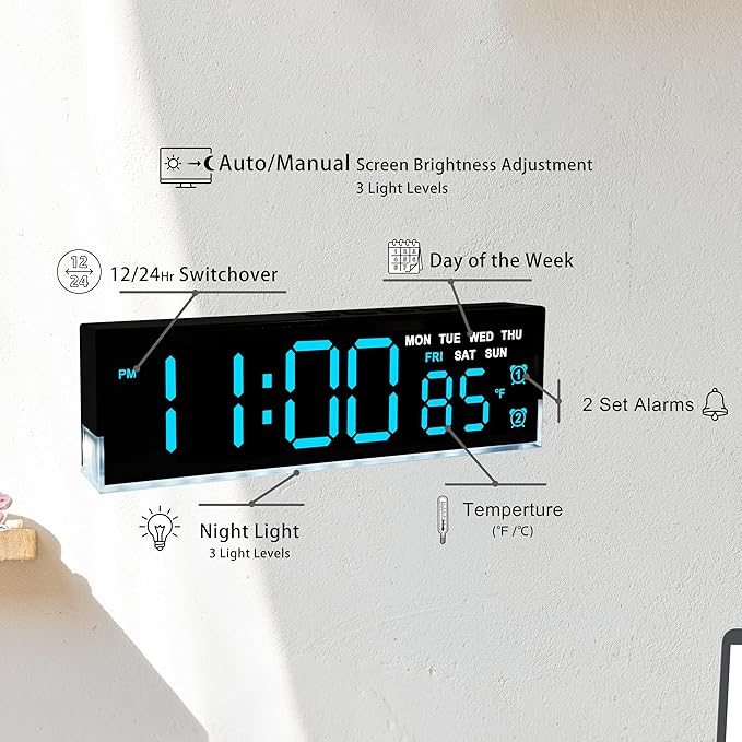 45MinST 7-Inch LED Digital Alarm Clock with Bottom Glow Light｜Displays Time, Date, Day, Temperature｜Dual Alarms, DST, Auto/Manual 3-Level Brightness, Battery or USB Powered Desk Clock,Blue