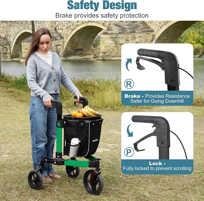3 Wheel Walkers for Seniors, Foldable Rollator Walker with Tray & Large Storage Bag, 10" Big Wheel for All Terrain, 350 lb Weight Capacity, Green