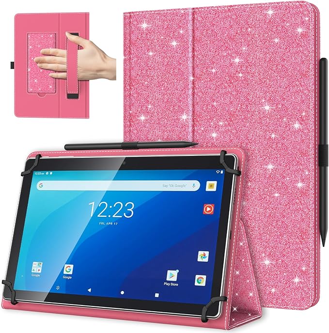 TiMOVO Universal Case for 10.1 Inch Android Tablet with Pen Loop, Lightweight Folding Stand Cover with Hand Strap for All 9.6"-11" Touchscreen Tablet, Glitter Watermelon Red