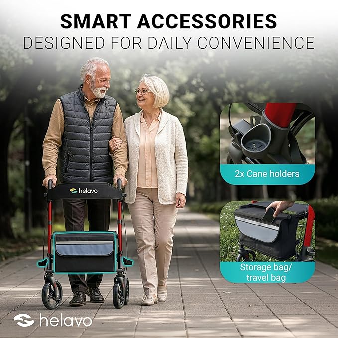 Helavo Foldable Rollator with Seat – 360° Swivel 8" Wheels, 24.8" Wide - Lightweight Aluminum Rolling Walker for Seniors and Adults with Adjustable Height