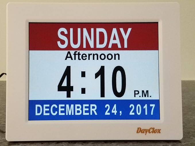 DayClox Memory Loss Digital Calendar 5-Cycle Clock with Red White & Blue or Black & White Section Display