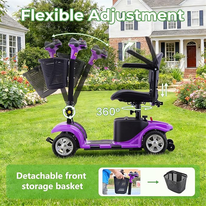 Mobility Scooter for Adults, 4 Wheels Lightweight Scooter, Foldable Mobility Scooter Long Range for Travel, Adults, Elderly, Supports 300 lbs, Powered Wheelchair with Charger & Basket (Purple)