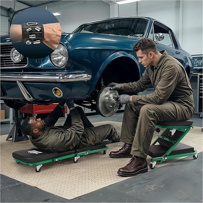Creepers Automotive Mechanic Creeper Seat & Under Car Roller, 300lb Heavy Duty Foldable Garage Creeper with 360° Swivel Wheels, Magnetic Wristband, Low Profile Green Car Creeper for Mechanics