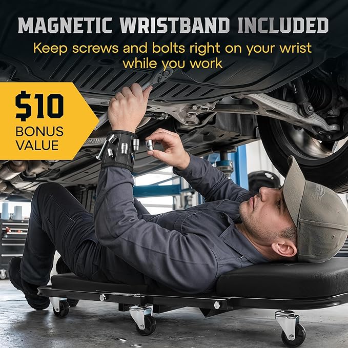 Creepers Automotive Mechanic Creeper Seat & Under Car Roller, 300lb Heavy Duty Foldable Garage Creeper with 360° Swivel Wheels, Magnetic Wristband, Low Profile Black Car Creeper for Mechanics