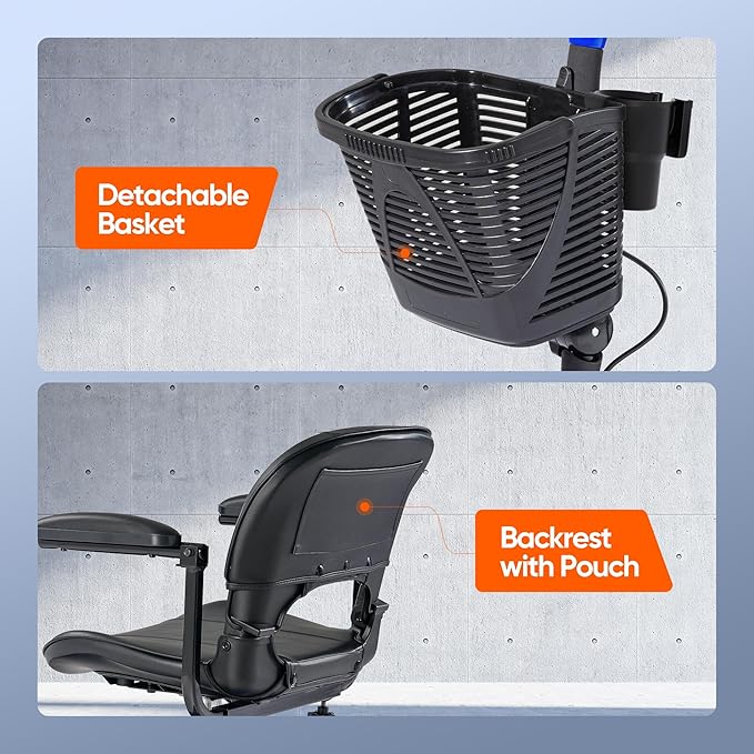 3 Wheel Mobility Scooters for Adults，Collapsible Electric Powered Wheelchair，Portable Compact Motorized Scooter for Travel，Long Range Power，Battery with Charger，Basket and Cup Holder (Blue)