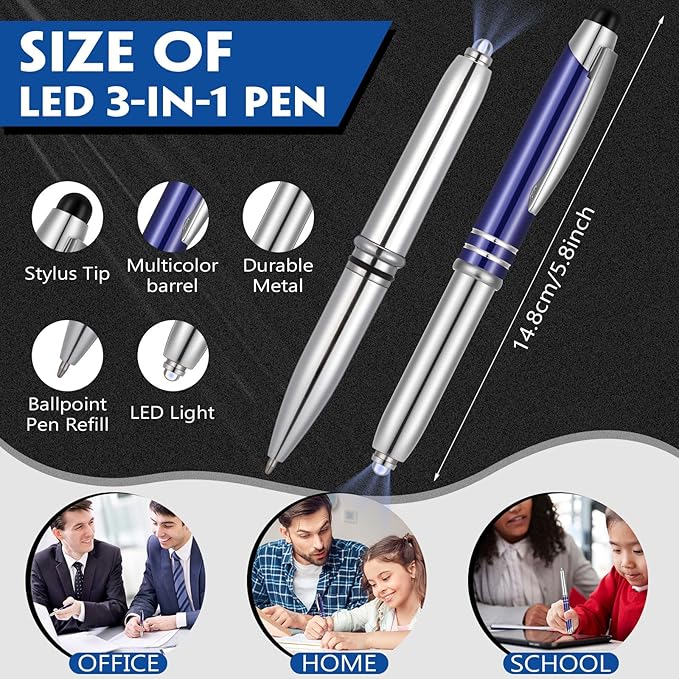 Zonon 15 Pieces 3 in 1 Ballpoint Pen with LED Flashlight and Stylus Tip Multi-Function Capacitive Pen, 1.0 mm Black Ink Metal Ballpoint for Touch Screens Nurse Teacher Gifts(Blue)
