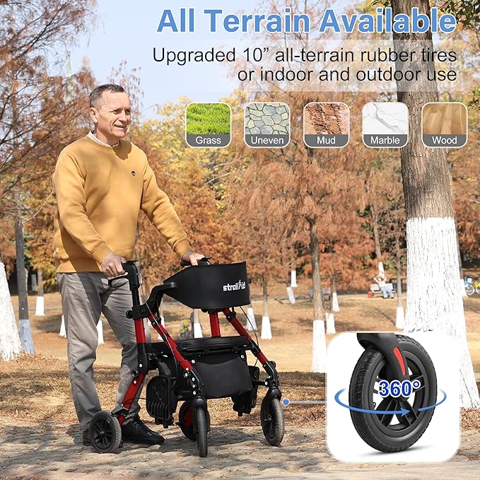 Walkers for Seniors with Seat, Walker Wheelchair Combo, 2 in 1 Rolling Walker Transport Wheelchair Lightweight Foldable, 10" Big Wheels Transport Chair with Brakes,Red