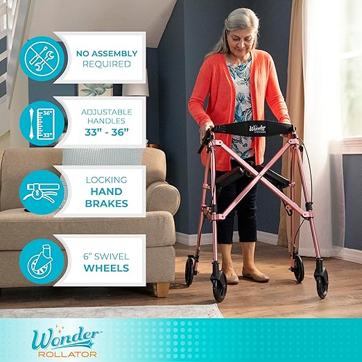 Stander Space Saver Rollator, Lightweight Folding Rolling Walker with Seat for Seniors & Adults, 4-Wheel Mobility Aid with 6-inch Wheels, Locking Brakes & Padded Seat with Backrest, Sport Red